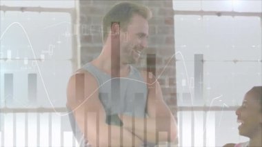 Personal trainer and client marking progress with high-five in gym and animated bar charts pulsing. Motivation, teamwork, strength, fitness, industrial, minimalist, success