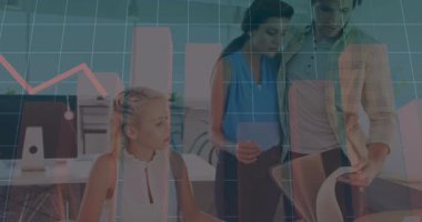 Woman typing while colleagues approaching with charts and animated graphs showing business growth. Collaboration, teamwork, data analysis, business strategy, modern office, professional environment, digital visualization