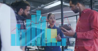 Team discussing business metrics, initiating bar-chart overlaying colleagues with red trend-line. Corporate, analytics, data visualization, professional, productivity, collaboration, modern