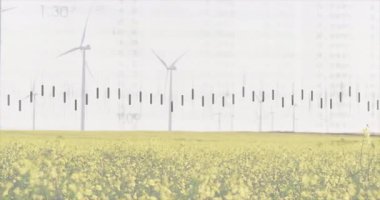 On overlay appearing data bars oscillating, line plotting wave, labels fading to show energy trends. Renewable energy, agriculture, data visualization, environmental, sustainability, technology, landscape