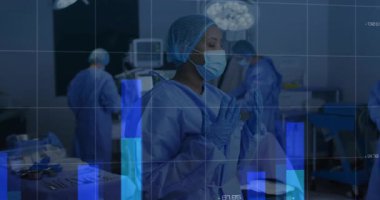 Medical team prepping surgery, surgeon scrubbing hands under light activating bar chart and grid. Medical, healthcare, innovation, science, professionalism, digital, technology