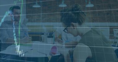 finance team writing and analyzing initiating transparent candlestick overlay showing percent gain. Collaboration, analytics, teamwork, professional, modern, discussion, growth