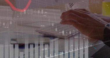 Upon charts appearing hands tapping keypad while trend line fluctuating showing market volatility. Finance, trading, analytics, technology, productivity, corporate, digital