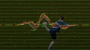Teen soccer player lifting leg and activating grid waveform overlays, kicking ball for analysis. Athletic, sports, motion, performance, technology, training, outdoors