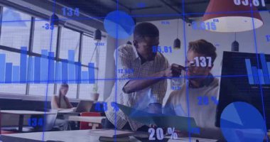 Business consultant pointing report and guiding peer in analyzing metrics as data overlays updating. Collaboration, dataanalysis, analytics, modernoffice, teamwork, digitalvisualization, businessgrowth