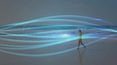 Blue glow appearing horizon activating technology ribbons traversing woman walking shoreline. Futuristic, ethereal, digital, energetic, serene, vibrant, sleek