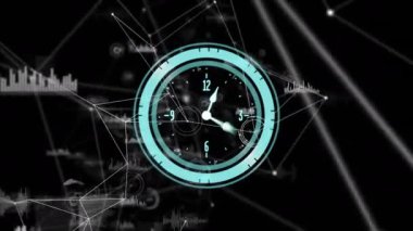 Aqua arc fading in ring forming clock hands advancing, ring retracting revealing web showing data. Futuristic, technology, digital, network, abstraction, analytics, interface