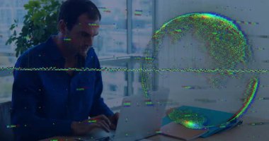 Business exec typing on laptop showing 3D globe fragmenting and extracting red folder for review. Technology, innovation, professional, workspace, digital, analytics, modern