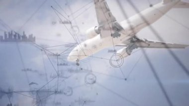 Fading in network overlay showing white jet lowering gear during descent visualizing flight data. Aviation, technology, data visualization, digital interface, aerospace, engineering, transportation