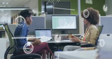 Woman picking up report and scanning charts prompts coworker explaining business data with overlays. Collaboration, teamwork, data analysis, office environment, professional, communication, digital overlays