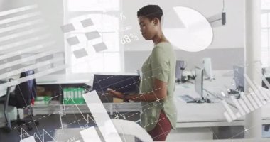 Analyst opening binder and walking through office while scanning business reports before meeting. Collaboration, productivity, modernity, professionalism, organization, efficiency, workspace