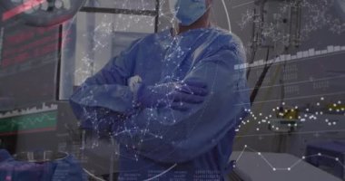 Surgeon adjusting gloves in OR and activating animated data overlay over monitors for surgery. Medical, technology, futuristic, innovation, healthcare, precision, professionalism