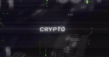 On start, CRYPTO text flickering and glitching while neon circuits pulsing showing network flow. Futuristic, digital, technology, cyber, virtual, neon, data