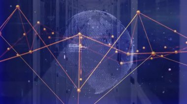 With glowing nodes forming, digital globe rotating and expanding web showing data flow. Technology, connectivity, innovation, cybersecurity, network, visualization, infrastructure