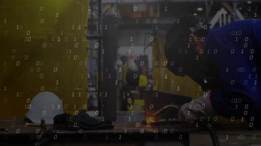 Male welder igniting torch, welding steel to join metals as binary digits overlay fabrication shop. Industrial, craftsmanship, technology, innovation, precision, safety, engineering