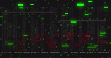 on start binary digits drifting, red glitches flickering, blocks cascading showing glitch effect. Cyberspace, data visualization, digital distortion, futurism, abstract technology, glitch art, circuit board