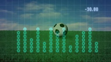 Soccer ball appearing left, dropping bouncing and rolling across grid to show energy loss. Motion, physics, sport, data visualization, outdoor, analysis, dynamics