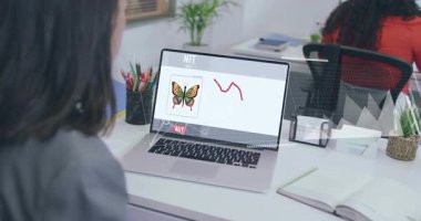 woman in blazer tapping Buy button under butterfly NFT and analyzing market data overlays shifting. Technology, digital art, data visualization, market analysis, professional, collaborative, modern