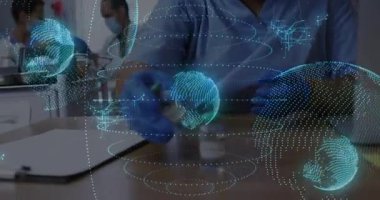 Medical technician drawing fluid with syringe after globe overlaying bench for sample preparation. Healthcare, laboratory, science, innovation, collaboration, technology, research