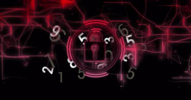 Padlock icon materializing and glowing circuits tracing grid while digits orbiting showing security. Cybersecurity, encryption, digital, futuristic, technology, protection, innovation
