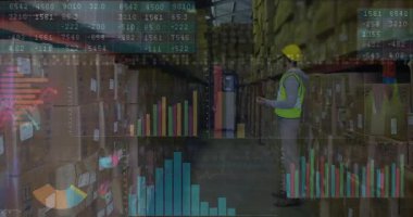 Warehouse supervisor tapping tablet in aisle viewing charts directing forklift stacking pallets. Inventory, logistics, technology, industry, teamwork, organization, management
