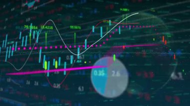 Dark chart opening sweeping lines over candlesticks rising histogram bars visualizing bullish trend. Futuristic, analytics, technology, finance, visualization, progression, digital