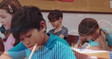 Camera pulling back revealing three students writing classroom assignment in notebooks in education. Education, learning, teamwork, classroom, concentration, youth, study