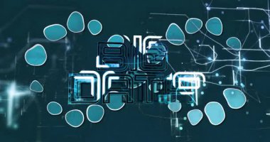 Scattering turquoise shapes starting inward motion, forming loop around pulsing circuits, BIG DATA. Technology, innovation, digital, network, connectivity, futuristic, cyber