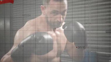 Shirtless boxer punching in gym activating grid and red chart lines mapping metrics. Athletic, determination, strength, performance, intensity, fitness, strategy