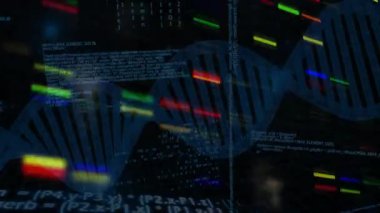 3D helix animating with scrolling code and sliding bars on diagram overlay for visualizing genetics. Futuristic, scientific, molecular, data visualization, digital, technology, innovation