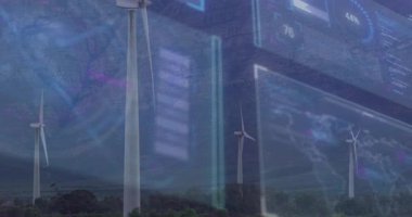semi-transparent panel appearing initiating turbine blades rotating, gauges updating power output. Renewable, energy, technology, sustainability, modern, environmental, digital