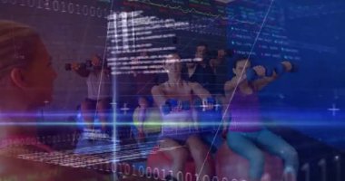 Eğitmen, spor salonundaki dambılları kaldırıp harita verilerini üst üste koyuyor. Spor, güç, eğitim, dijital, analitik, kurumsal, modern