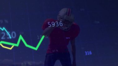 Futbolcu grafiklere tepki veriyor ve kollarını spor analitik çizelgeleri ile etkileşime sokuyor. Sporcu, görselleştirme, dijital, fütüristik, performans, stadyum, hareket