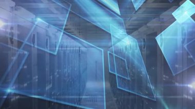 Başlangıçta mavi veri panelleri, sunucu koridorundaki veri akışını görselleştirmek için sola doğru sürükleniyor. Fütürist, dijital, teknoloji, ağ oluşturma, siber güvenlik, altyapı, şık