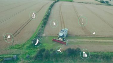 Buğday kesen biçerdöver dron takibi başlatılıyor, ikonlar döngüyü temsil ediyor. Tarım, sürdürülebilirlik, yenilik, kesinlik, çevre dostu, yenilenebilir teknoloji