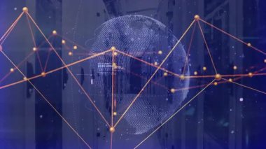 Veri yükünde, sunucu koridorunda beliren yarı saydam dünya veri akışını göstermek için ağ ağı oluşturuyor. Teknoloji, bağlantı, yenilik, siber alan, dijital, görselleştirme, soyutlama