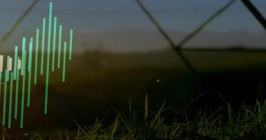 Güneşin doğuşu, yükselen çubukların düşerek ve değişerek sinüs dalgası çizgisinin veri eğilimlerini görselleştirdiğini gösteriyor. Soyut, veri görselleştirme, hareket grafikleri, doğadan esinlenilmiş, dinamik, renkli, ritmik