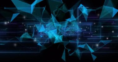 Soluk neon-mavi şebeke animasyonu mavi şekillerin ortaya çıkmasına ve dışarıya doğru sürüklenmesine neden oluyor. Fütürist, soyut, teknoloji, dijital, yenilik, dinamik, canlı