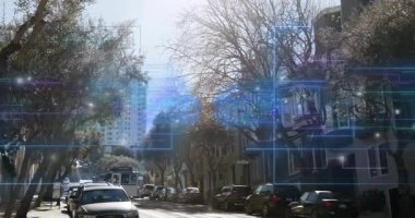 Teleferik kareye girdiğinde yukarı doğru hareket eden dijital ızgara AR geçişini canlandırıyor. Kentsel, ulaşım, teknoloji, yenilik, şehir manzarası, altyapı, geleceksel