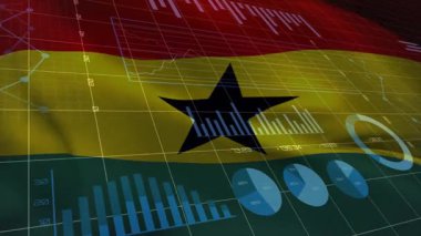 Gana bayrağının dalgalanan çubuklarını dolduran ızgara üzerinde ve içgörü için dönen turta grafikleri. Veri görselleştirme, bilgi, dijital, analitik, teknoloji, modern, geleceksel