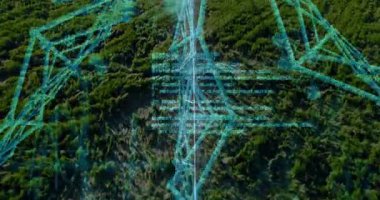 İHA kamera çayırların üzerinde uçuyor, takip ediyor, kafes kulesini siyanür kablo koduyla haritalıyor. Teknoloji, bağlantı, altyapı, veri görselleştirme, dijital, gelecekçi, endüstriyel