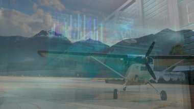 Kaplaması solan sabit pervane düzlemi, çıkış analizi için etiketlerle yükselen çubuklar. Uçak, havacılık, hava, analitik, performans, ulaşım, teknoloji