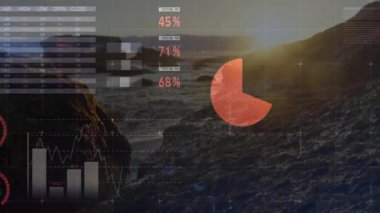 Gün batımında ortaya çıkan veri tablosu göstergelerin düşüşünü başlatıyor,% etiketler kayboluyor, verileri gösteren pasta tabloları. Analizler, görselleştirme, finans, modern, gösterge paneli, teknoloji, soyut