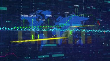 Dünya haritası açılışı başlangıç çizgileri titreşiyor yükselen ok katlanan zigzag pazar büyümesini gösteriyor. Veri, görselleştirme, analitik, finans, gösterge paneli, dijital, grafikleme