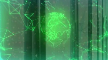 Başlangıçta ağ düğümleri sürüklenen ve bağlantı için dönen panellerin arkasında beliren yeşil küre. Fütürist, dijital, soyut, teknoloji, yenilik, bağlantı, siber
