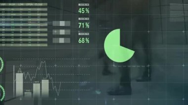 Gösterge paneli cam koridorda kayboluyor, finans masası doluyor, göstergeler ve grafikler canlandırılıyor. Teknoloji, analitik, yenilik, iş, veri, pazarlama, şirket
