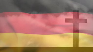 Ulusal gurur ve inanç sembolünü vurgulamak için dijital esintinin altında dalgalanan çapraz siluetli bayrak. Vatansever, ruhani, hareket, soyut, kumaş, sembolizm, minimalizm