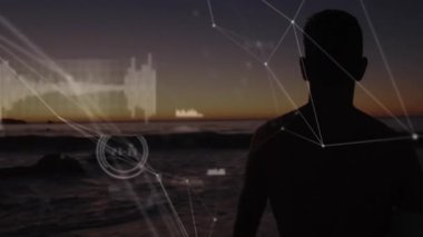 Sahilde duran erkek silueti teknolojik içgörü ve kamera görüntüsü için dijital ağı etkinleştiriyor. Siluet, kıyı şeridi, veri görselleştirme, dijital ağ, fütüristik, manzara, teknoloji