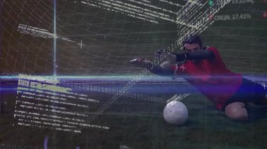 Kaleci çimen sahasında beliren toptan sonra dalıyor ve spor analitiğini veri örtüleriyle analiz ediyor. Sporcu, performans, analitik, spor, çeviklik, teknoloji, rekabet