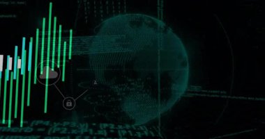 Kod etkinleştirici küre dönüyor, dalga biçimi oluşuyor ve güvenli veri akışını görselleştiren simgeler birleşiyor. Teknoloji, dijital, fütürist, veri, ağ, analitik, siber güvenlik